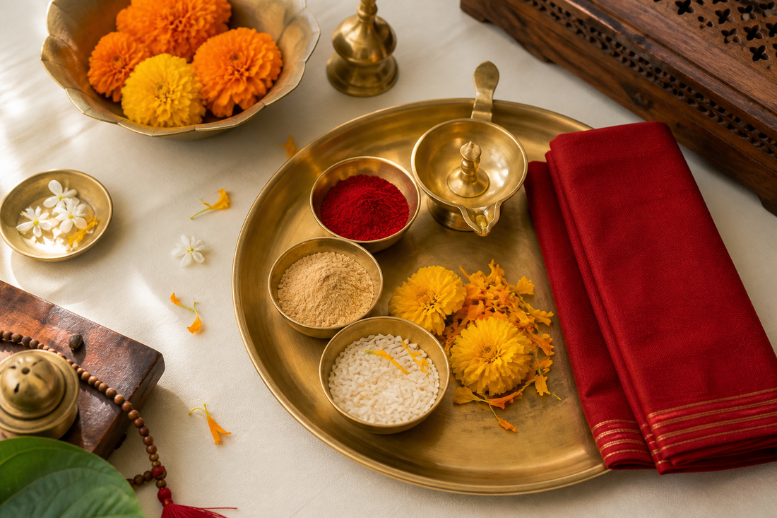 Pooja thali with essential supplies for daily worship