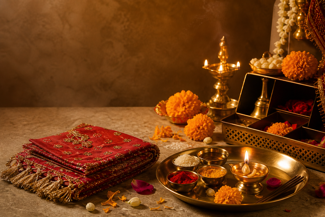 Festival pooja thali with Mata Chunri, roli, chandan, akshat and diya