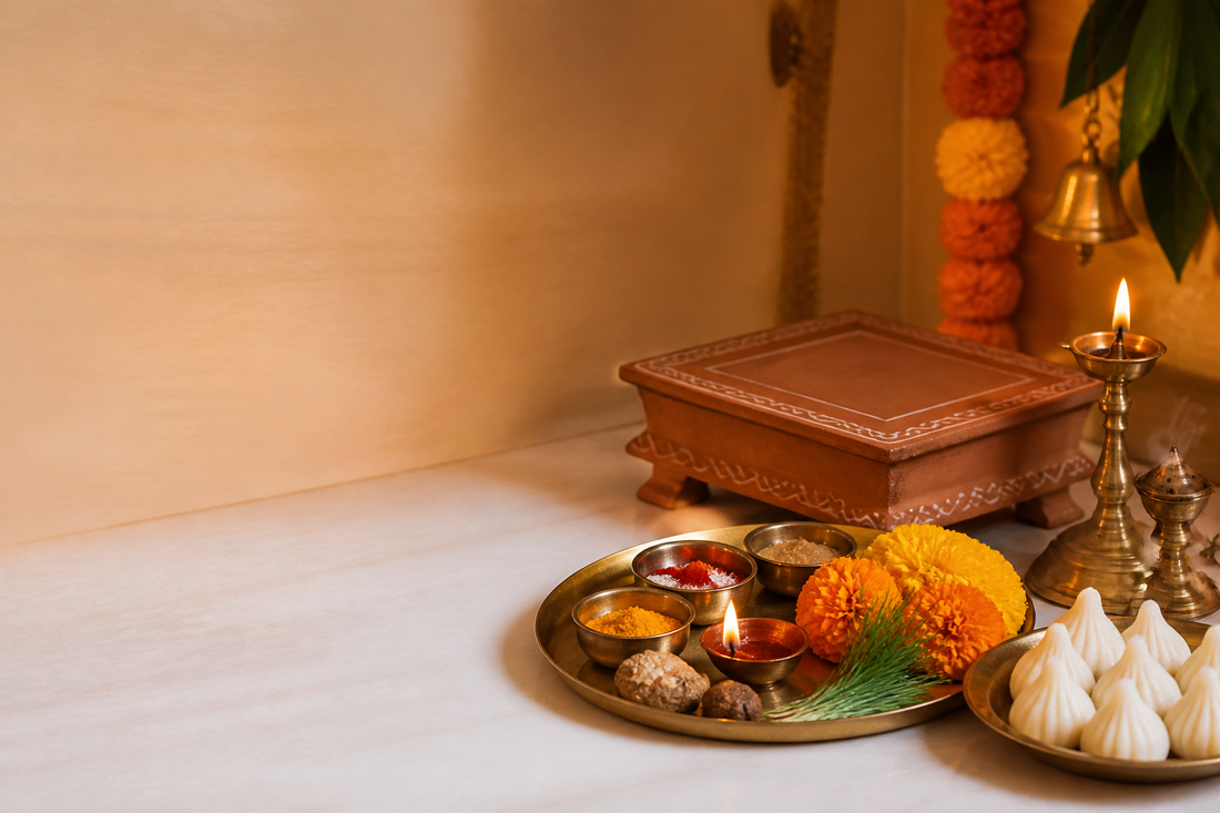 Ganesh Chaturthi pooja preparation with brass thali, diya, durva and modak